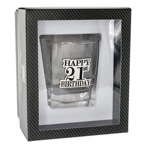 HAPPY 21ST BADGED SCOTCH GLASS GIFT BOXED