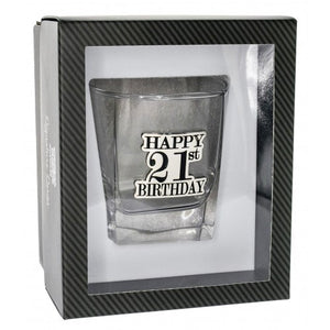 HAPPY 21ST BADGED SCOTCH GLASS GIFT BOXED