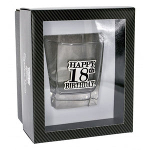 HAPPY 18TH BADGE SCOTCH GLASS GIFT BOXED