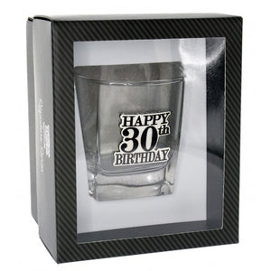 HAPPY 30TH BADGE SCOTCH GLASS GIFT BOXED