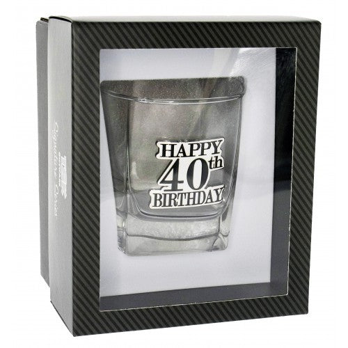 HAPPY 40TH BADGE SCOTCH GLASS GIFT BOXED